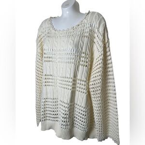 POL Cable & Open Knit Floral Trim Cream Sweater